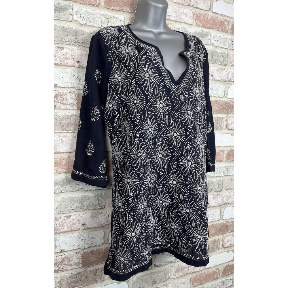 Gretchen Scott Designs Navy & White Embroidered Tunic Top Sz M Beach Resortwear - Picture 2 of 9